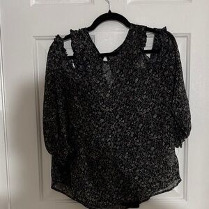 American Eagle Outfitters Black Floral Sheer Cold-Shoulder Blouse large